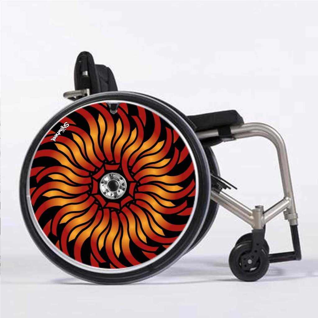 Fauteuil roulant avec une roue avec des motifs de filaments